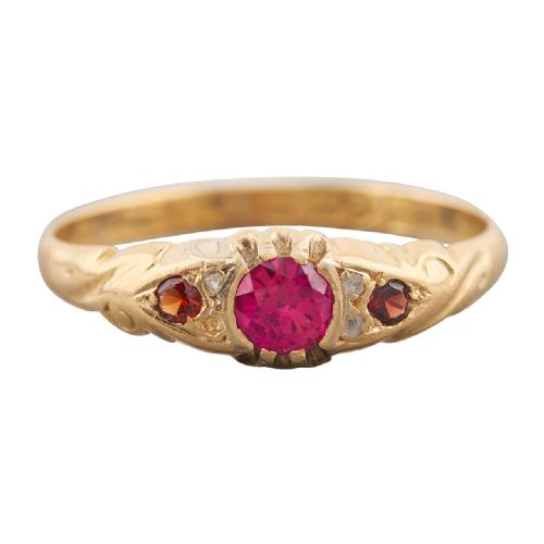 1912 18ct gold spinel garnet and diamond half hoop ring - CATEGORY: ANTIQUE JEWELLERY - DATED 1910