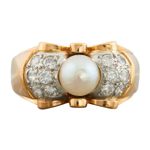 1940s 18ct gold pearl and diamond tank ring - CATEGORY: ANTIQUE JEWELLERY - DATED 1940