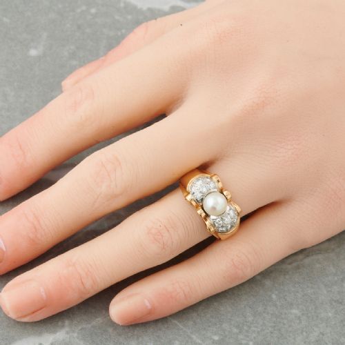 1940S 18CT GOLD PEARL AND DIAMOND TANK RING - ADDITIONAL PHOTO 1