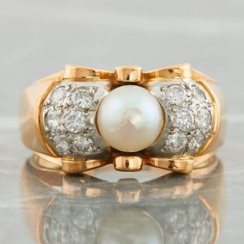 1940S 18CT GOLD PEARL AND DIAMOND TANK RING - ADDITIONAL PHOTO 2