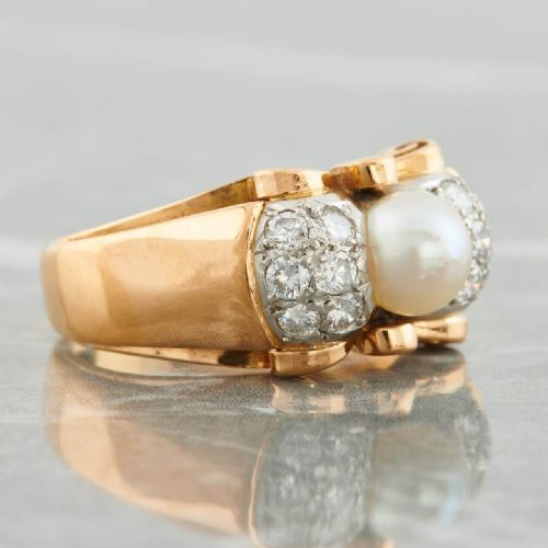 1940S 18CT GOLD PEARL AND DIAMOND TANK RING - ADDITIONAL PHOTO 3