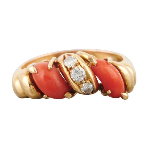18ct gold coral and diamond wishbone ring - CATEGORY: ANTIQUE JEWELLERY - DATED 1960