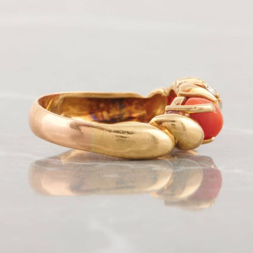 18CT GOLD CORAL AND DIAMOND WISHBONE RING - ADDITIONAL PHOTO 3