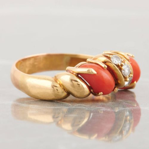18CT GOLD CORAL AND DIAMOND WISHBONE RING - ADDITIONAL PHOTO 4