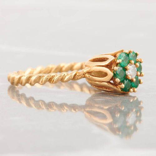 1950s 18ct gold emerald and diamond high set cluster ring - CATEGORY: ANTIQUE JEWELLERY - DATED 1950