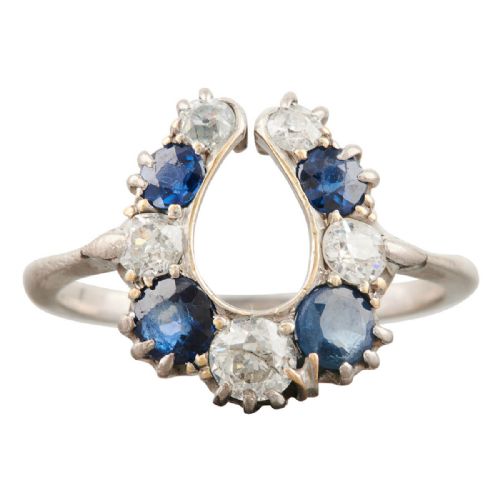 18ct white gold sapphire and diamond horseshoe ring - CATEGORY: ANTIQUE JEWELLERY - DATED VICTORIAN