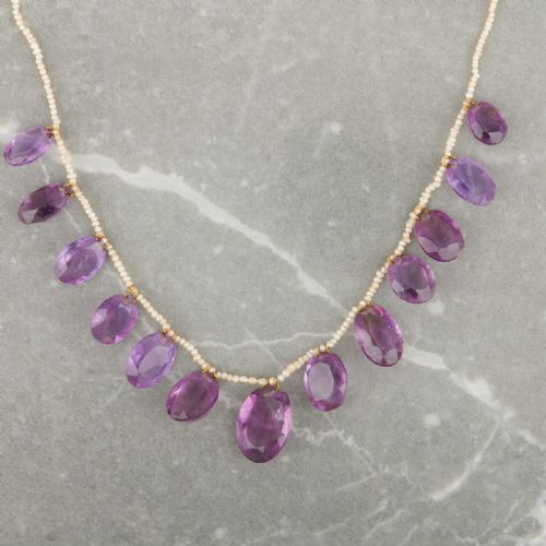 15ct gold amethyst and seed pearl fringe necklace - CATEGORY: ANTIQUE JEWELLERY - DATED 1900