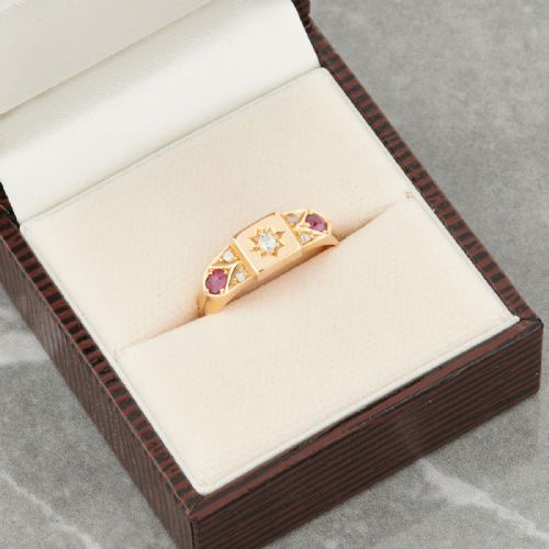 EDWARDIAN 18CT GOLD RUBY AND DIAMOND SQUARE FACED HALF HOOP RING - ADDITIONAL PHOTO 7