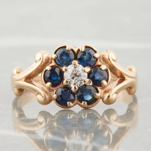 antique 14ct gold sapphire and diamond flower cluster ring - CATEGORY: ANTIQUE JEWELLERY - DATED 1890