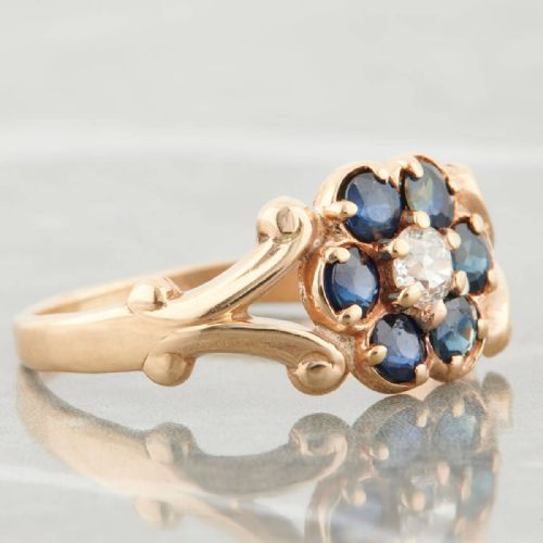 ANTIQUE 14CT GOLD SAPPHIRE AND DIAMOND FLOWER CLUSTER RING - ADDITIONAL PHOTO 1