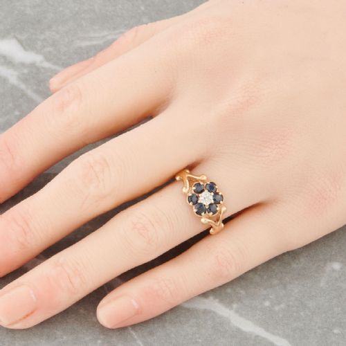 ANTIQUE 14CT GOLD SAPPHIRE AND DIAMOND FLOWER CLUSTER RING - ADDITIONAL PHOTO 2