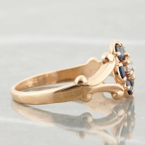 ANTIQUE 14CT GOLD SAPPHIRE AND DIAMOND FLOWER CLUSTER RING - ADDITIONAL PHOTO 3