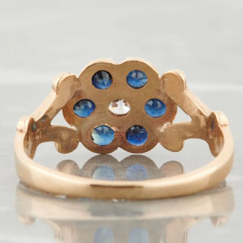 ANTIQUE 14CT GOLD SAPPHIRE AND DIAMOND FLOWER CLUSTER RING - ADDITIONAL PHOTO 4