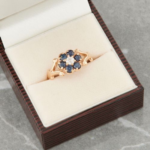 ANTIQUE 14CT GOLD SAPPHIRE AND DIAMOND FLOWER CLUSTER RING - ADDITIONAL PHOTO 7