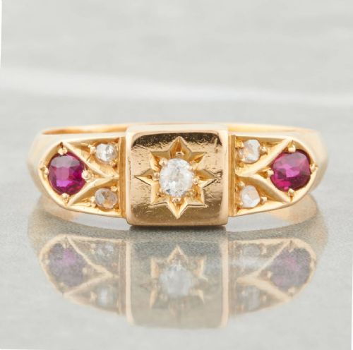 edwardian 18ct gold ruby and diamond square faced half hoop ring - CATEGORY: ANTIQUE JEWELLERY - DATED 1910