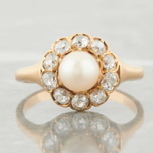 victorian 18ct gold pearl and old cut diamond cluster ring - CATEGORY: ANTIQUE JEWELLERY - DATED VICTORIAN
