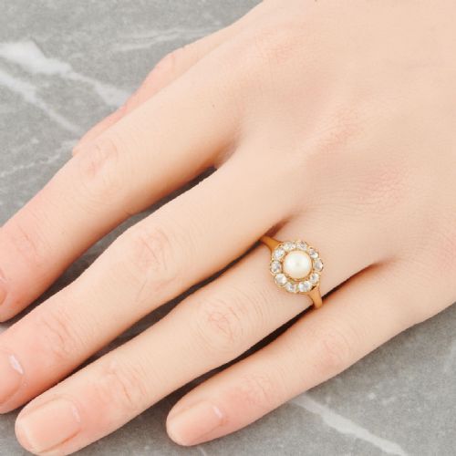 VICTORIAN 18CT GOLD PEARL AND OLD CUT DIAMOND CLUSTER RING - ADDITIONAL PHOTO 1