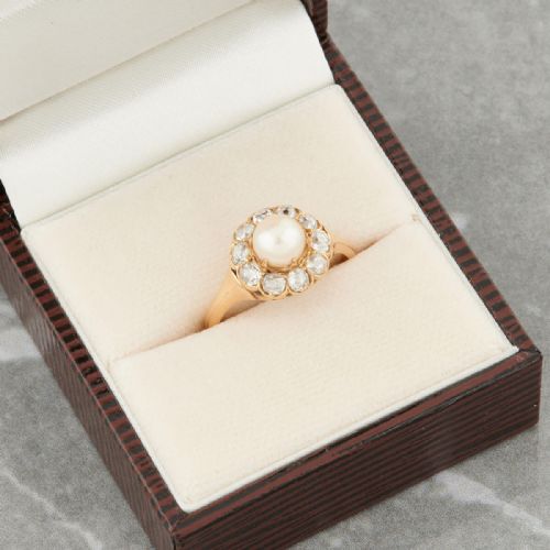 VICTORIAN 18CT GOLD PEARL AND OLD CUT DIAMOND CLUSTER RING - ADDITIONAL PHOTO 7