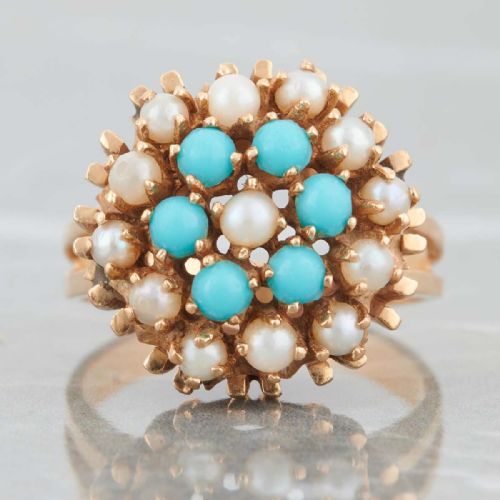 vintage 14ct gold turquoise pearl cluster ring - CATEGORY: ANTIQUE JEWELLERY - DATED 1960