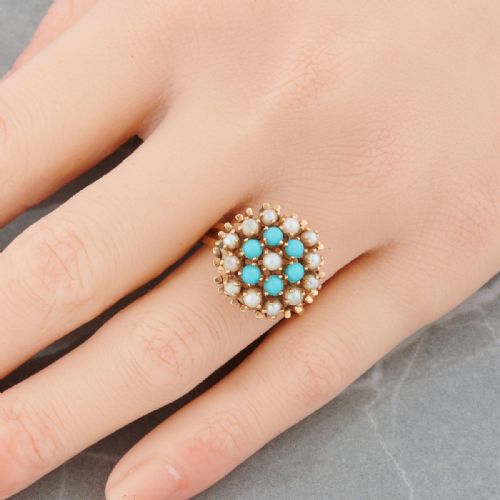 VINTAGE 14CT GOLD TURQUOISE PEARL CLUSTER RING - ADDITIONAL PHOTO 1