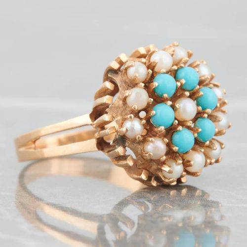 VINTAGE 14CT GOLD TURQUOISE PEARL CLUSTER RING - ADDITIONAL PHOTO 2