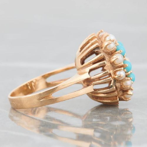 VINTAGE 14CT GOLD TURQUOISE PEARL CLUSTER RING - ADDITIONAL PHOTO 3