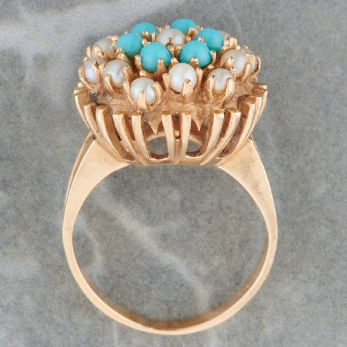 VINTAGE 14CT GOLD TURQUOISE PEARL CLUSTER RING - ADDITIONAL PHOTO 4
