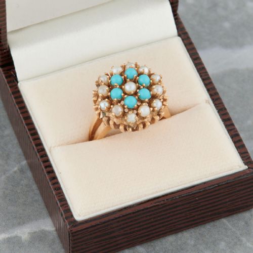 VINTAGE 14CT GOLD TURQUOISE PEARL CLUSTER RING - ADDITIONAL PHOTO 7