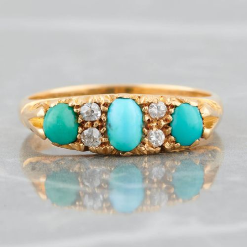 18ct gold turquoise and diamond half hoop ring - CATEGORY: ANTIQUE JEWELLERY - DATED 1910