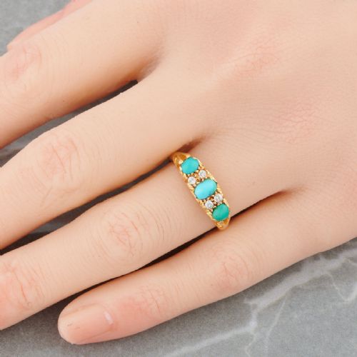 18CT GOLD TURQUOISE AND DIAMOND HALF HOOP RING - ADDITIONAL PHOTO 1