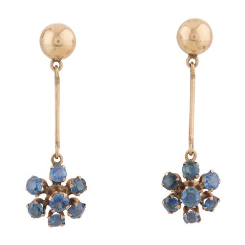 antique 14ct gold sapphire cluster drop earrings - CATEGORY: ANTIQUE JEWELLERY - DATED 1910