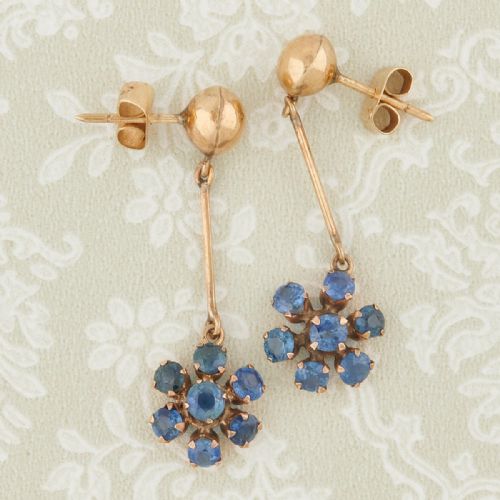 ANTIQUE 14CT GOLD SAPPHIRE CLUSTER DROP EARRINGS - ADDITIONAL PHOTO 2