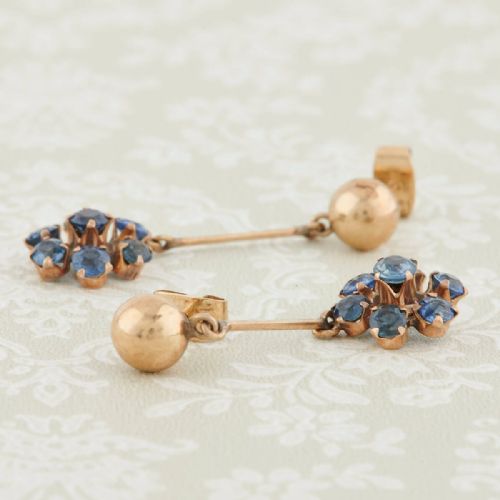 ANTIQUE 14CT GOLD SAPPHIRE CLUSTER DROP EARRINGS - ADDITIONAL PHOTO 3