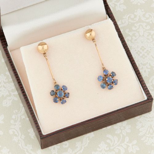 ANTIQUE 14CT GOLD SAPPHIRE CLUSTER DROP EARRINGS - ADDITIONAL PHOTO 5
