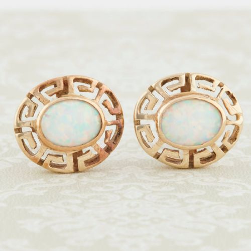 vintage 14ct gold cultured opal meander stud earrings - CATEGORY: ANTIQUE JEWELLERY - DATED 1950