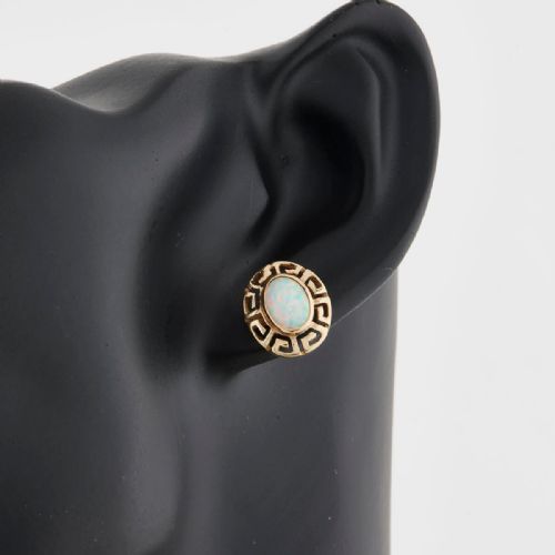 VINTAGE 14CT GOLD CULTURED OPAL MEANDER STUD EARRINGS - ADDITIONAL PHOTO 1