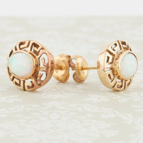 VINTAGE 14CT GOLD CULTURED OPAL MEANDER STUD EARRINGS - ADDITIONAL PHOTO 2