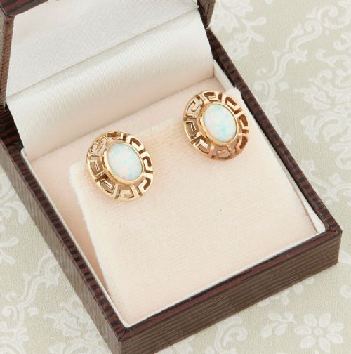 VINTAGE 14CT GOLD CULTURED OPAL MEANDER STUD EARRINGS - ADDITIONAL PHOTO 6
