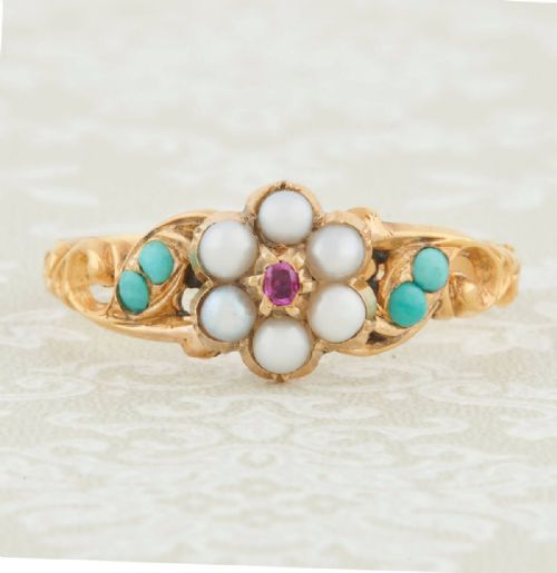 victorian 18ct gold ruby pearl and turquoise dress ring - CATEGORY: ANTIQUE JEWELLERY - DATED VICTORIAN