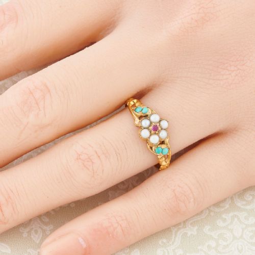 VICTORIAN 18CT GOLD RUBY PEARL AND TURQUOISE DRESS RING - ADDITIONAL PHOTO 1