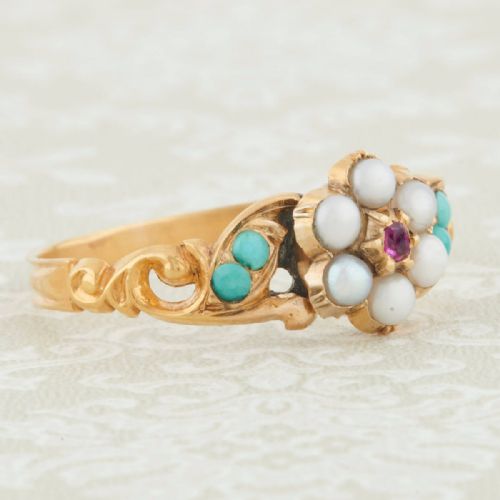VICTORIAN 18CT GOLD RUBY PEARL AND TURQUOISE DRESS RING - ADDITIONAL PHOTO 2