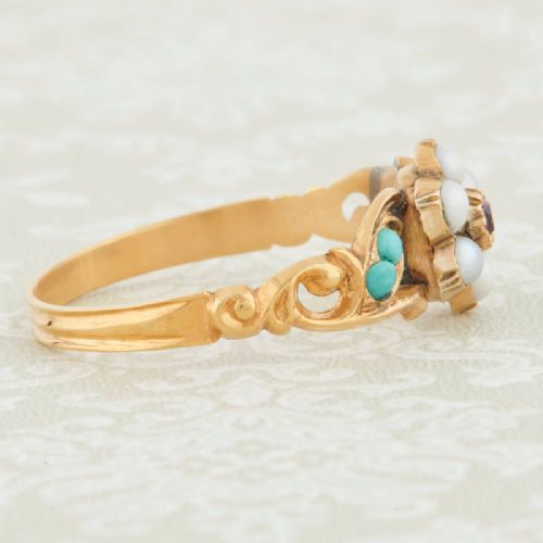 VICTORIAN 18CT GOLD RUBY PEARL AND TURQUOISE DRESS RING - ADDITIONAL PHOTO 3
