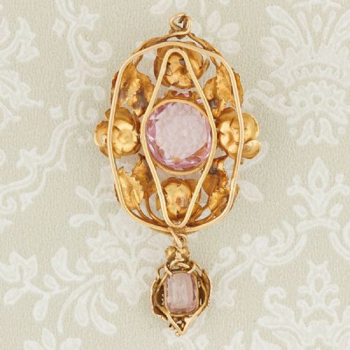 VICTORIAN 18CT GOLD PINK TOURMALINE AND PASTE FLORAL PENDANT - ADDITIONAL PHOTO 3