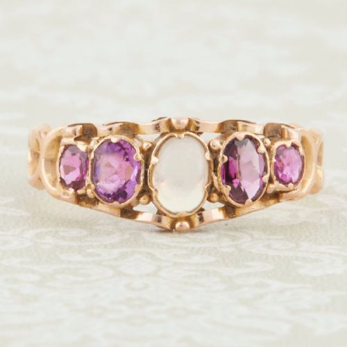 victorian antique 15ct gold moonstone pink tourmaline and topaz 5 stone ring - CATEGORY: ANTIQUE JEWELLERY - DATED VICTORIAN