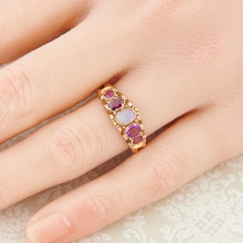 VICTORIAN ANTIQUE 15CT GOLD MOONSTONE PINK TOURMALINE AND TOPAZ 5 STONE RING - ADDITIONAL PHOTO 1