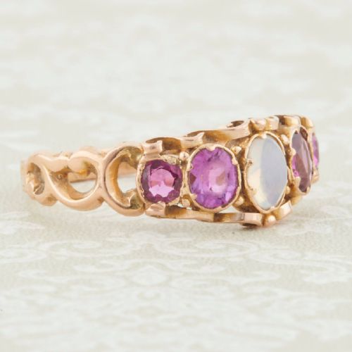 VICTORIAN ANTIQUE 15CT GOLD MOONSTONE PINK TOURMALINE AND TOPAZ 5 STONE RING - ADDITIONAL PHOTO 2