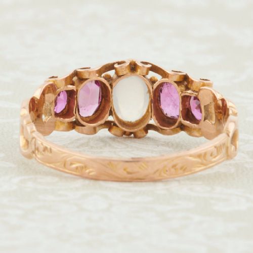 VICTORIAN ANTIQUE 15CT GOLD MOONSTONE PINK TOURMALINE AND TOPAZ 5 STONE RING - ADDITIONAL PHOTO 4