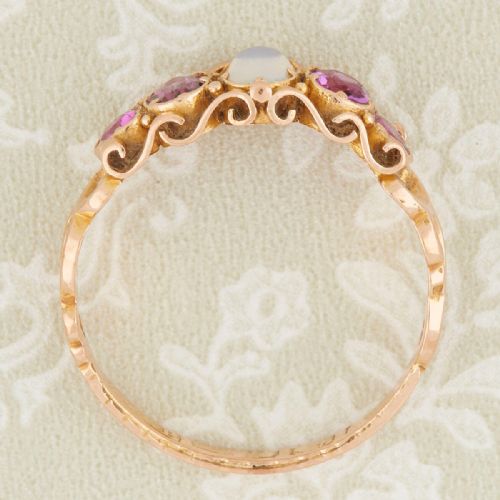 VICTORIAN ANTIQUE 15CT GOLD MOONSTONE PINK TOURMALINE AND TOPAZ 5 STONE RING - ADDITIONAL PHOTO 5