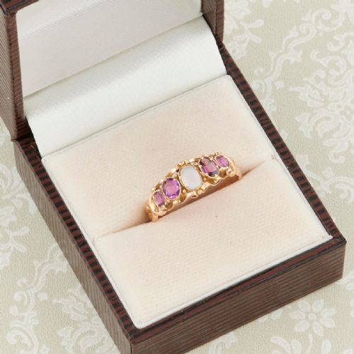 VICTORIAN ANTIQUE 15CT GOLD MOONSTONE PINK TOURMALINE AND TOPAZ 5 STONE RING - ADDITIONAL PHOTO 6