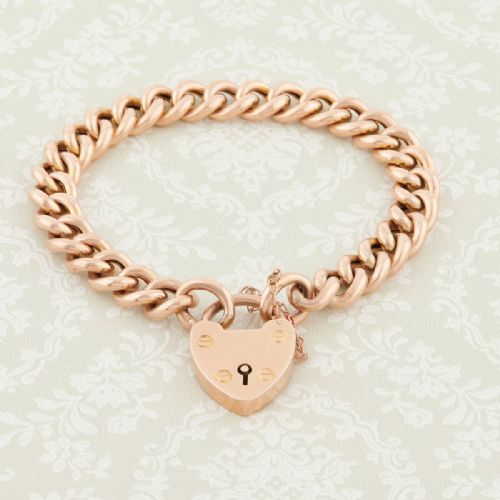 antique 9ct gold curb bracelet with heart padlock - CATEGORY: ANTIQUE JEWELLERY - DATED 1900
